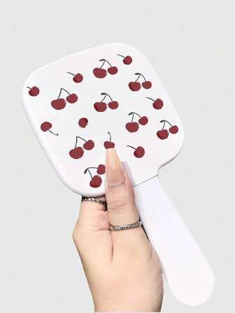 Kawaii 1 pieza Espejo cuadrado de mano con patrón de cereza dulce, espejo de maquillaje de alta calidad y de doble función: espejo y peine
