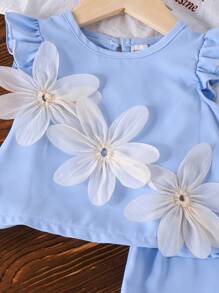 2025 Summer New Baby Girls Cute Solar System Flower Decor Sleeveless Top + Solid Color Shorts 2pcs Set - Baby Blue - View 5