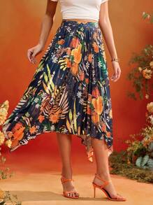 Frida Kahlo X SHEIN X Designer Oxana Floral Print Pleated Asymmetrical Hem High Waist Women Midi Skirt Summer Holiday