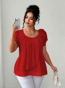 Elenzga 大码女式3D花卉休闲衬衫 - 紅色 - 查看 1