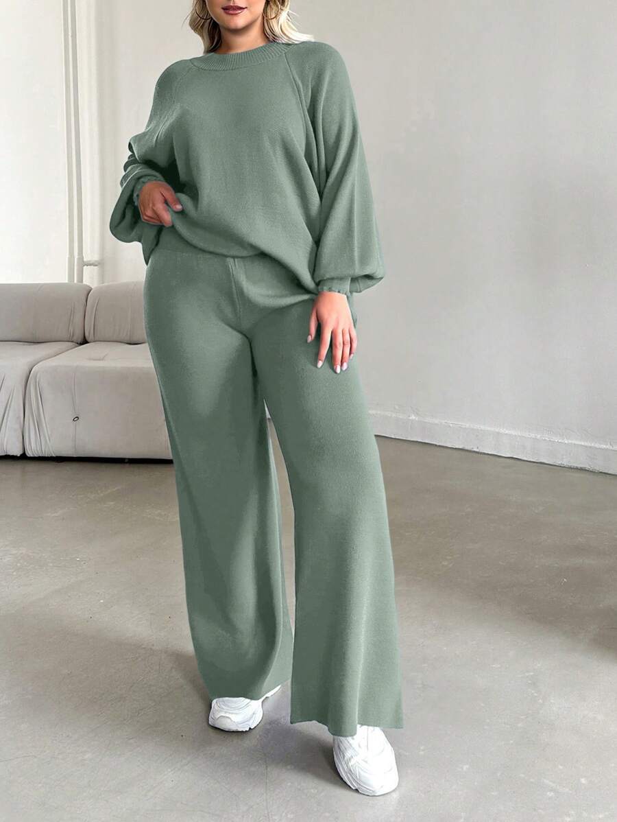 EURMUSE 大码女式纯色插肩灯笼袖毛衣和针织裤休闲套装 - 薄荷綠 - 查看 1