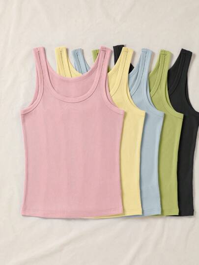 SHEIN LUNE 5pcs Women Basic Ribbed Knit Tank Top, Casual Summer , Basic Tops