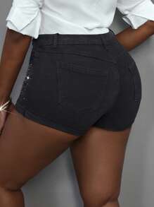 Slaydiva Quần short denim bo gấu đính đá đen cỡ lớn cho nữ, mùa hè - màu đen - Xem 3
