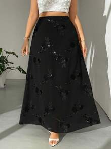 Firerie 大码女式优雅花卉刺绣飘逸下摆长裙 - 黑色 - 查看 3