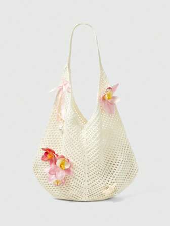 Fairycore 1 Set de Bolso de Playa Tejido Beige y Accesorios, Bolso de Playa de Estilo Resort de Moda Personalizado para Mujer (Incluye 1 Bolso y 1 Set de Accesorios)