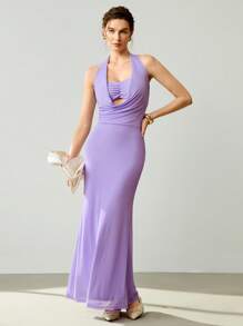 Chiquease Women's Summer Elegant Vacation Seaside Romantic Chest Pleated Tube Top Strappy Swing Collar 2 In 1 Purple Knitted Mesh Slim Fishtail Hip Dress - Purple - View 5