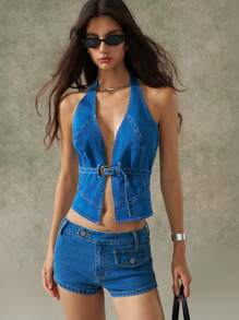 LYSMO Quần short denim bó sát, thiết kế nút dành cho nữ, dễ phối đồ - Rửa trung bình - Xem 6