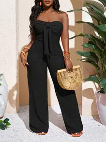 Slaydiva 新款春夏休闲度假性感优雅抹胸蝴蝶结直筒阔腿超长裤橙色针织女式连体裤 - 黑色 - 查看 3