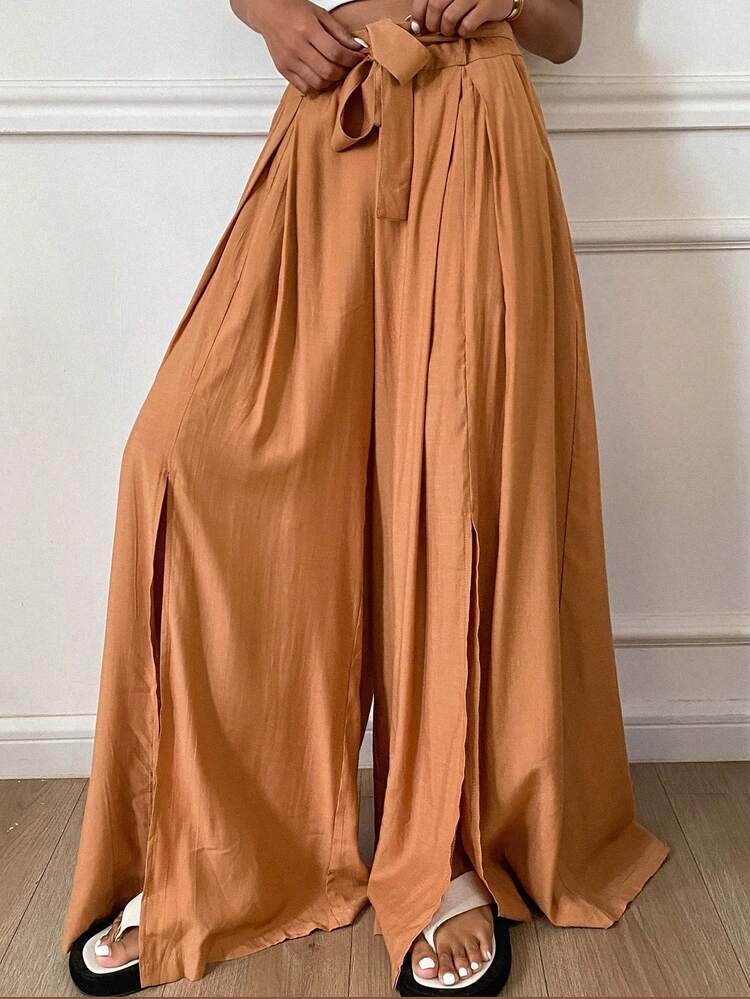 Vintage Casual High Waist Wide Leg Split Hem Exotica Trousers