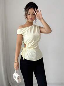 Elenzga Women's Summer Fashionable Shoulder Revealing Knotted Waist Hollow Out Shirt