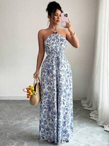 Rafferiza 印花项链木环束腰女式连体裤 - 藍色 - 查看 3