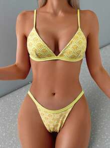 SHEIN Swim 女士沙滩及夏季服装：随机花卉印花细肩带和丁字裤两件套黄色比基尼套装 - 黃色 - 查看 1