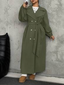 SHEIN EZwear 大码橄榄绿色双排扣系带长袖长款风衣，秋冬 - 橄欖綠 - 查看 5