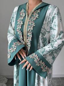 SHEIN Najma Women's Hooded Bell Sleeve Solid Color Print Patchwork Embroidered Ruffle Hem Loose Elegant Turkish Maxi Dress, Suitable For Casual Vacation, Modest Kaftan
