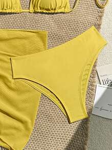 Swim Vcay Women Beach Vacation Floral Print Yellow Bikini Swimsuit Set , 3 Pieces Bathing Suit For Summer