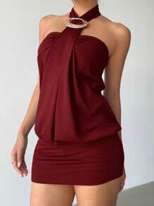 Aloruh 女式 Y2K 前卫性感紧身抹胸金属纽扣装饰吊带迷你超短连衣裙 - 酒紅色 - 查看 3