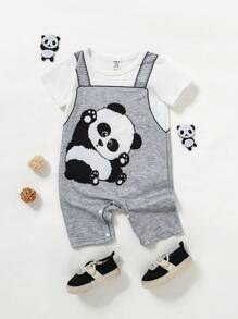 SHEIN 夏季寶寶男孩可愛3D卡通熊貓印花短袖連體衣 - 灰色 - 查看 4