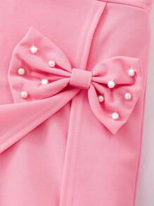2 件套青少年女孩罗纹珍珠荷叶边下摆无袖上衣和纯色蝴蝶结短裙夏季休闲装 - 粉色 - 查看 6