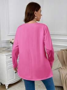 SHEIN Privé Plus Size Elegant Casual Loose Long Sleeve Round Neck Solid Color Basic Undershirts And Outerwear Swing Hem T-Shirt