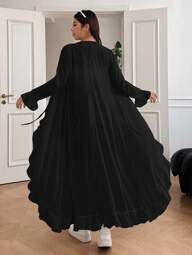 SHEIN EZwear Plus Size Women Casual Solid Color Bell Sleeve Front Tie Ruffle Trim Long Cardigan,Back To School Winter Fall Autumn