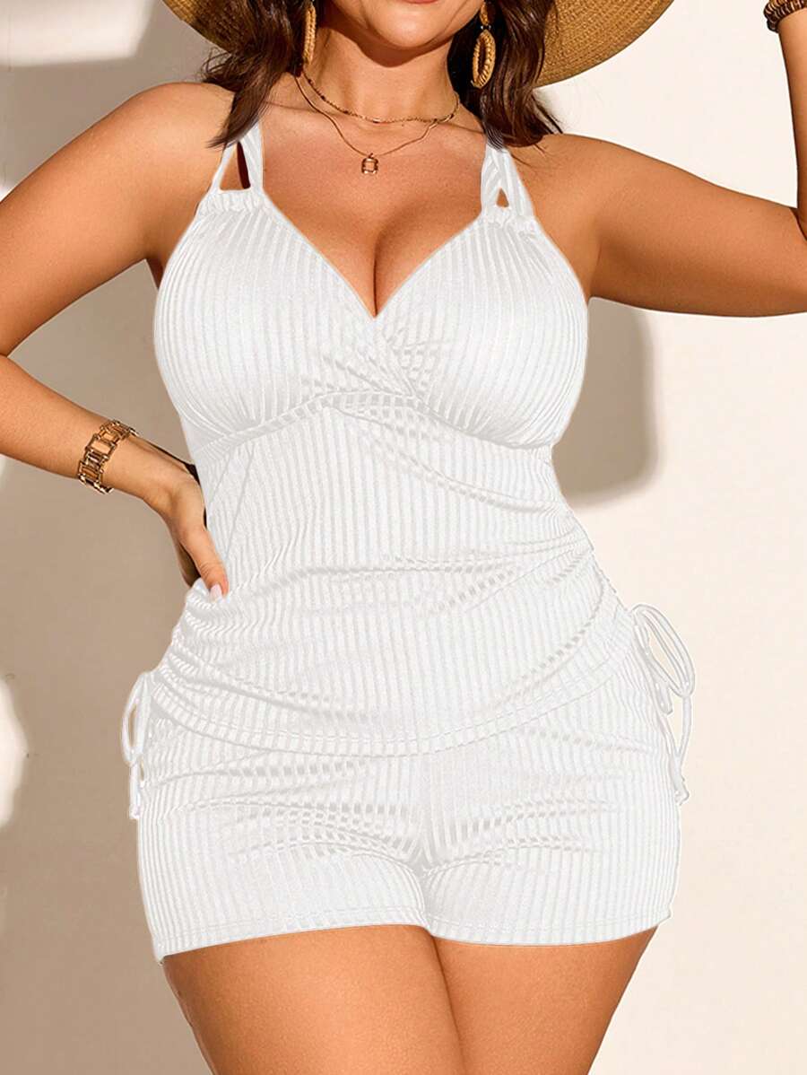 Swim Lushoire Women Plus Size V-Neck Drawstring Ribbed Fabric Tankini Bikini Set For Summer Beach Vacation - White - View 1