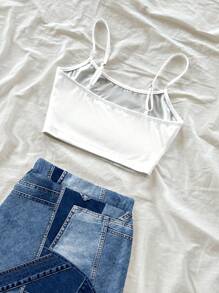 Soleia 2pcs/Set Women's Casual & Holiday Style Indigo Mechanical Texture Print Top And Shorts Set, Suitable For Summer Vacation - Multicolor - View 4