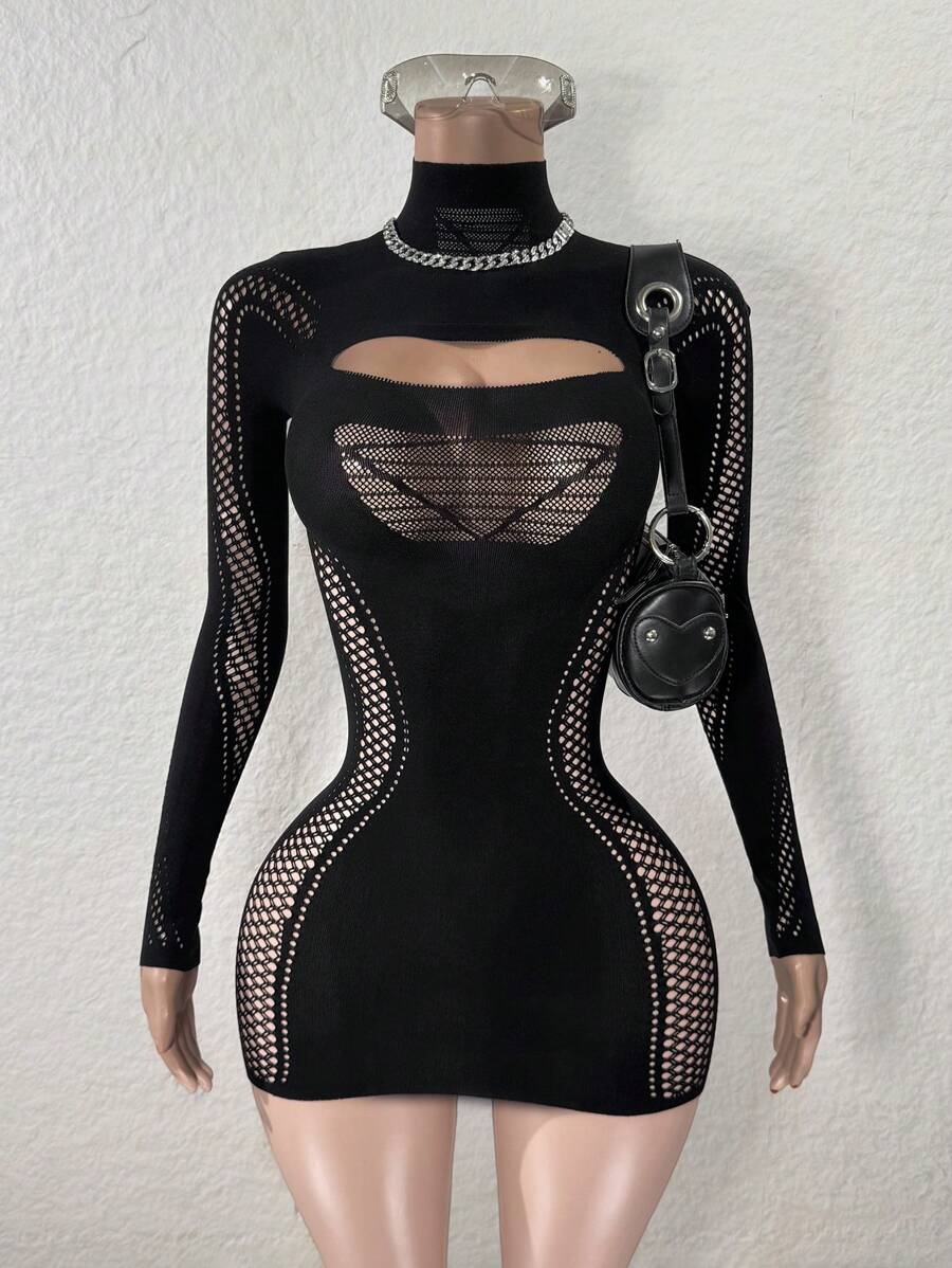 Mistrie Fashionable Sexy Solid Color Hollow Out Fitted Mini Dress Fall Cloth For Women - Black - View 1