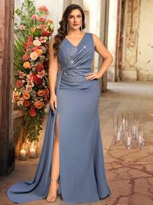 Glamrae Váy dạ hội đuôi cá xếp ly chữ V sâu màu xanh nhạt lãng mạn cỡ lớn thanh lịch và đính đá lấp lánh có viền bèo nhún, phù hợp cho đám cưới, tiệc tùng và sự kiện trang trọng - Màu xanh lam - Xem 1