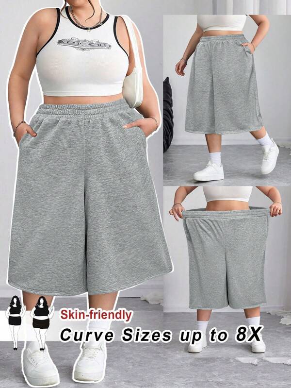 SHEIN CURVE+ Pantaloncini da tuta larghi casual extra large, 3/4 lunghezza, primavera/estate, curvy, ideali per le vacanze