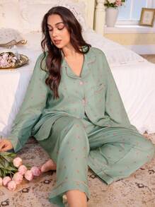 CottageSlumber 大码女式两件套浪漫碎花口袋长袖上衣+裤子睡衣套装，春夏秋季，繁花似锦，舒适优雅细节，秋冬服装