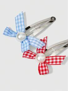 ROMWE Anime 4 Pieces Plaid Bow Hairpin, Multiple Pieces Metal Color BB Clip. - Multicolor - View 4