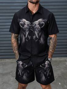 Manfinity LEGND Conjunto de camisa de manga corta con estampado de león y shorts de verano para hombre