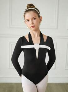 SHEIN Black Ballet Leotard For Tween Girls, Halter Neck Design, White Flower Decor On Front, Elegant & Versatile For All Seasons - Black - View 5