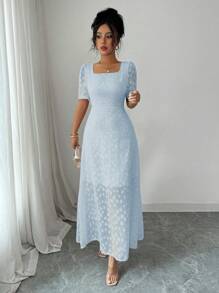 Modelyn 女士方领短袖提花优雅夏装