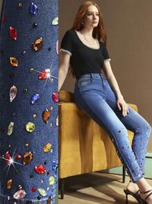 SHEIN BAE 女士牛仔裤，Selenza 十二生肖系列 - 五月诞生石：祖母绿，工艺系列，优雅通勤与休闲，高贵，健康，治愈，鼓舞人心，团结和同理心 - 藍色 - 查看 1