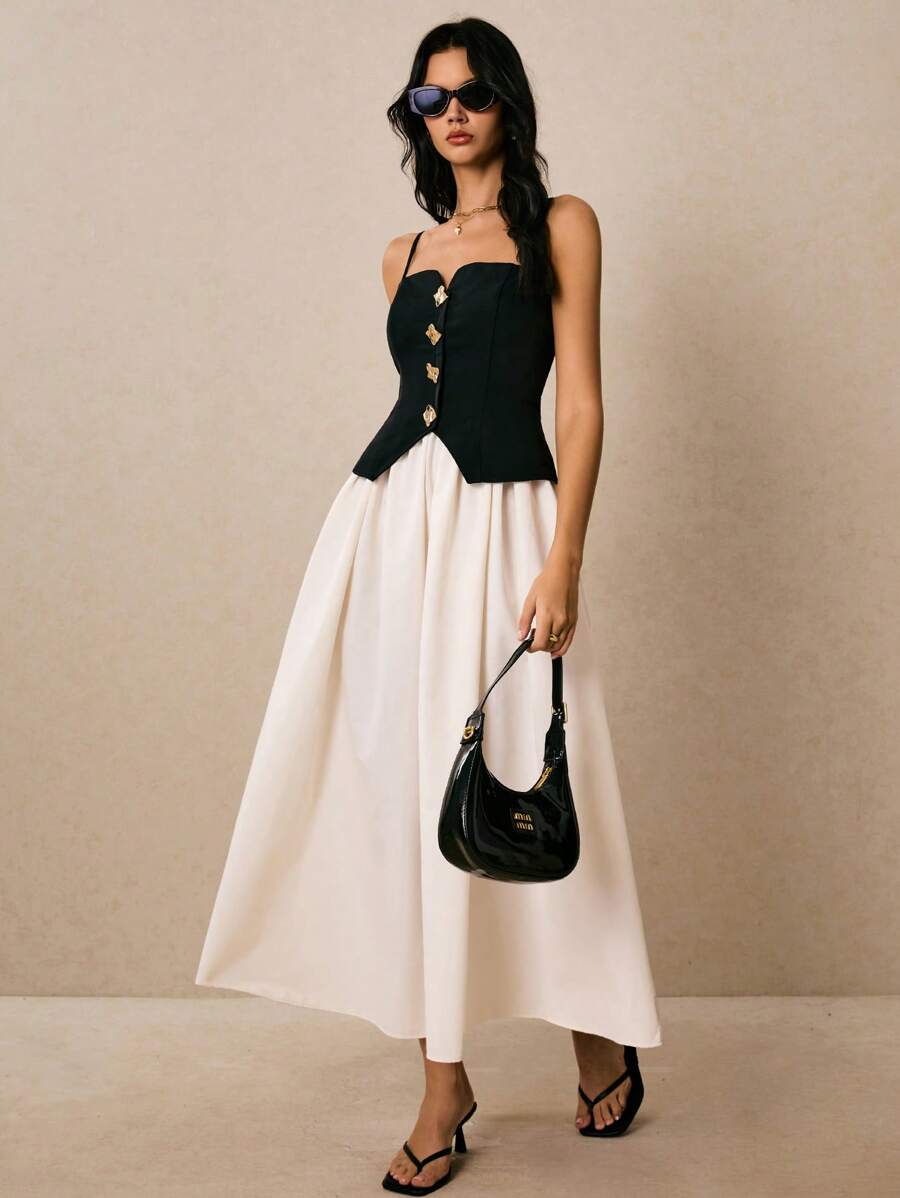 Poéselle Đầm midi dây cài nút phía trước màu tương phản 2 trong 1 dành cho nữ - Đen và trắng - Xem 1