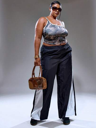 MUSERA Plus Size Women Mid Rise Stripe Side Wide Leg Pants Streetstyle Holiday 90's Y2k Cute Casual City Muse