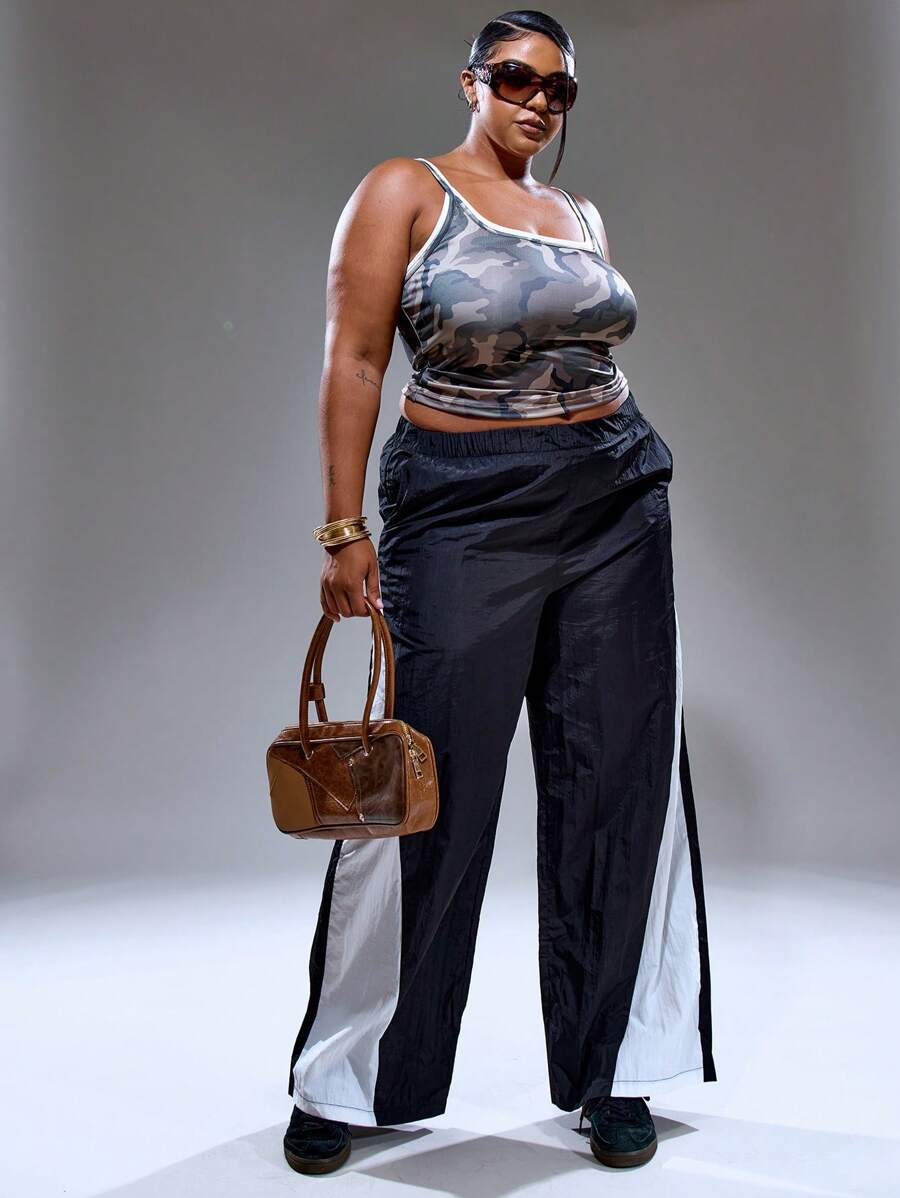 MUSERA 大码女式中腰条纹侧开衩裤 街头风假日90年代Y2K可爱休闲都市缪斯 - 黑色 - 查看 1