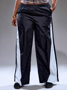 MUSERA 大码女式中腰条纹侧开衩裤 街头风假日90年代Y2K可爱休闲都市缪斯 - 黑色 - 查看 2