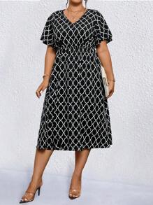 Cravure Đầm Maxi Thanh Lịch Cổ Chữ V In Hình Hình Học Size Lớn Cho Nữ Tay Ngắn Xếp Ly - Đen và trắng - Xem 4