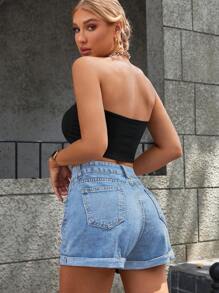 SHEIN Essnce Pantalones cortos vaqueros casuales y versátiles con bolsillo liso, para el verano - Azul lavado medio - Ver 3