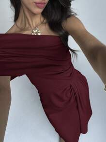 Aloruh 女士纯色褶饰优雅单肩中长连衣裙 - 酒紅色 - 查看 6