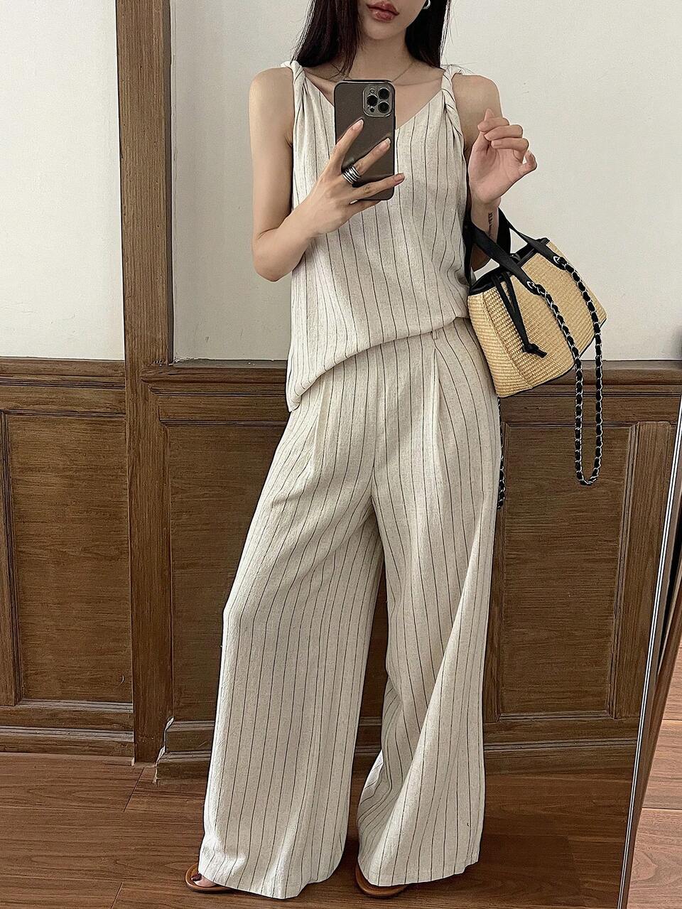 2pcs Women Striped Print V-Neck Sleeveless Top And Pants Set Lounge Sets For Women Short Sets For Women