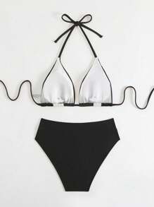 Swim Chiccia Women Summer New Multicolor Patchwork Triangle Halter Tie Bikini Set - Black and White - View 5