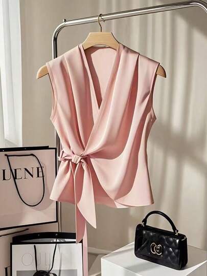 Franclia Camisa informal de mujer de unicolor con diseño asimétrico sin mangas