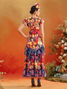 Redefinition Frida Kahlo X SHEIN X Designer Váy xếp lớp cổ chữ V in hoa tay lỡ xếp nếp cho kỳ nghỉ hè của phụ nữ - Nhiều màu - Xem 2