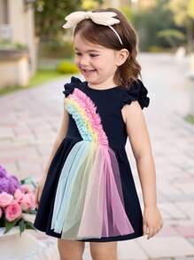 SHEIN Vestido ajustado de punto de cuello redondo con contraste de malla de color liso para bebé niña - Azul Marino - Ver 1