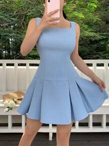 Modelyn Women's Sleeveless Solid Waffle Ruffle Collar Mini Dress, Summer - Blue - View 5
