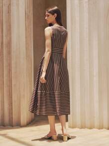 SHEIN ChicEase Green Women's Tie Waist Deep V-Neck Striped Print French Style Long Dress - Coffee Brown - View 2