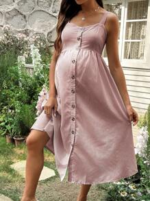 SHEIN Maternity Summer Wide Strap Front Button-Up Shirred Striped Adjustable Shoulder Strap Nursing Dress - Brown - View 6